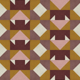 Detail of wallpaper in a geometric grid print in shades of purple and mustard on a cream field.