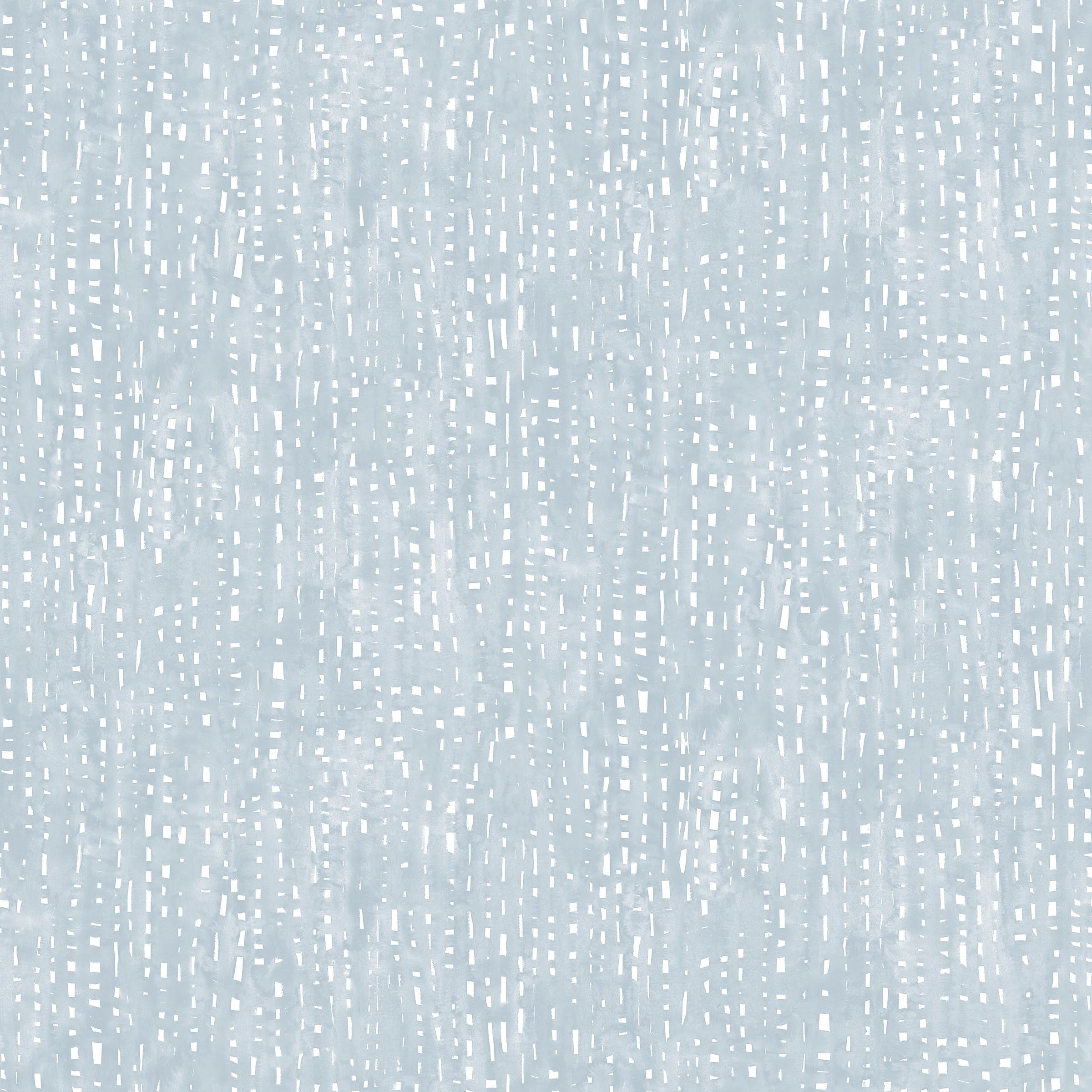 Painterly small-scale dashed dot print in white on a soft blue watercolor field.