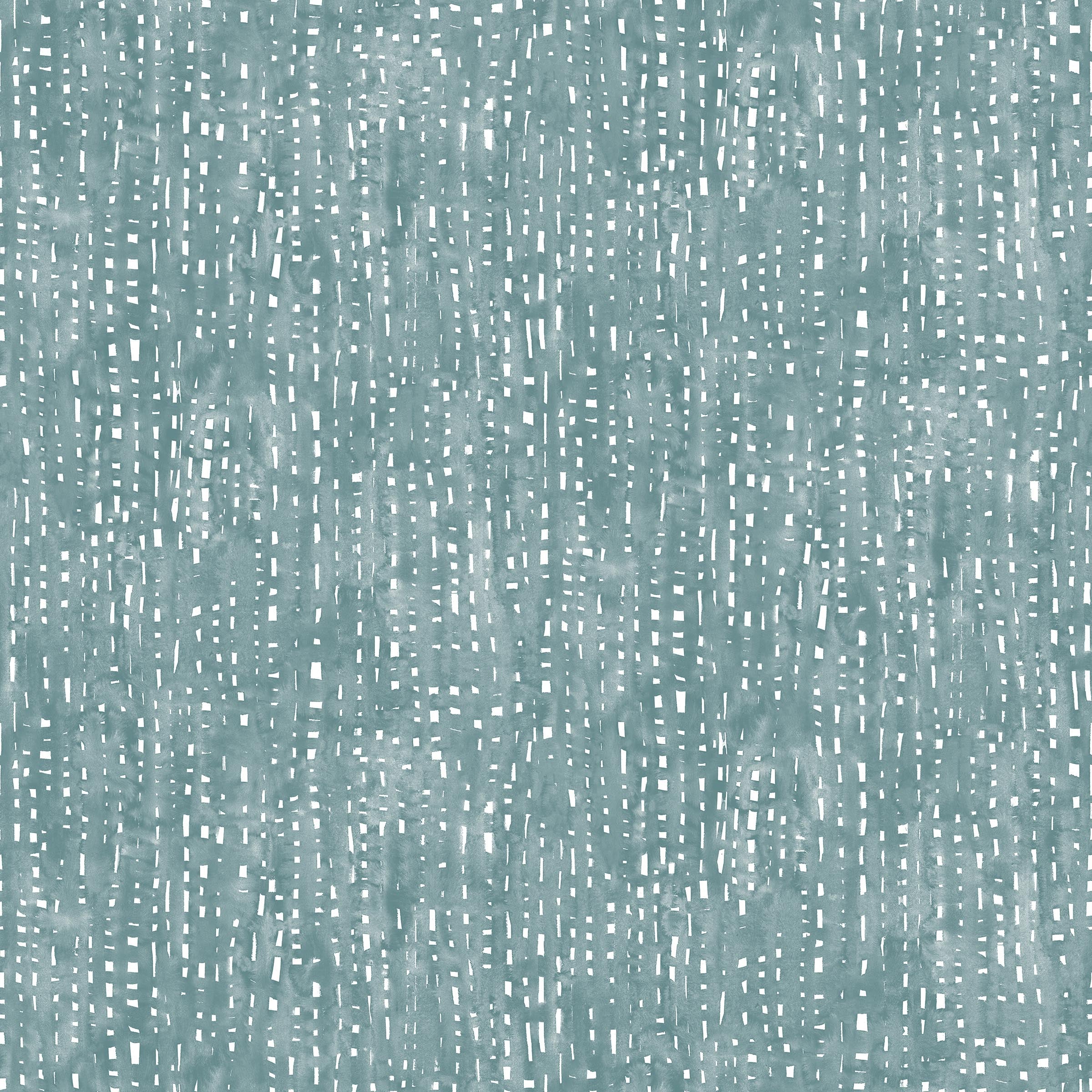 Painterly small-scale dashed dot print in white on a soft peacock blue watercolor field.