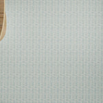 Overhead image of a wooden table and plant on a broadloom carpet in a textural herringbone pattern in cream and pastel blue. 