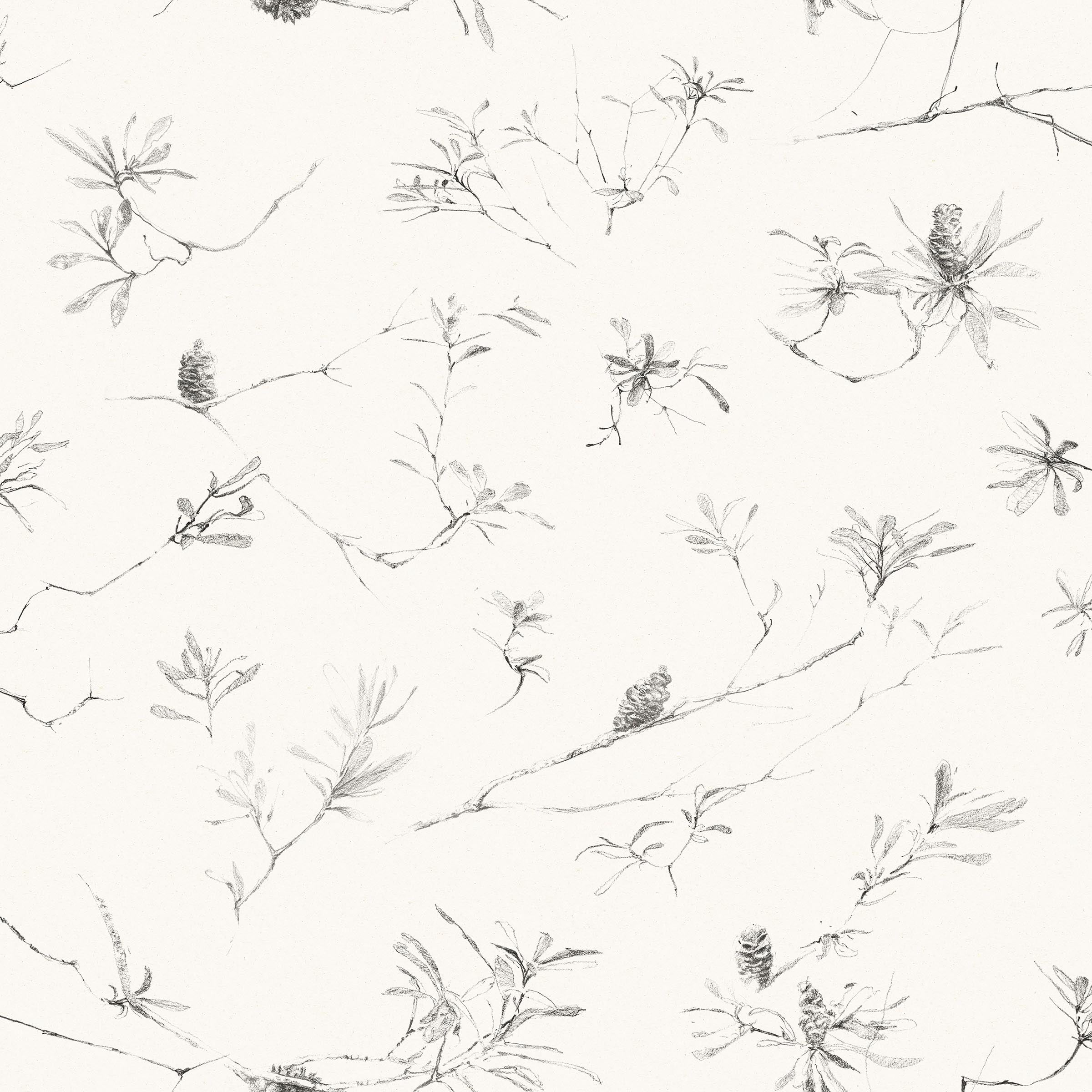 Detail of fabric in a painterly pine cone and branch print in green on a cream field.