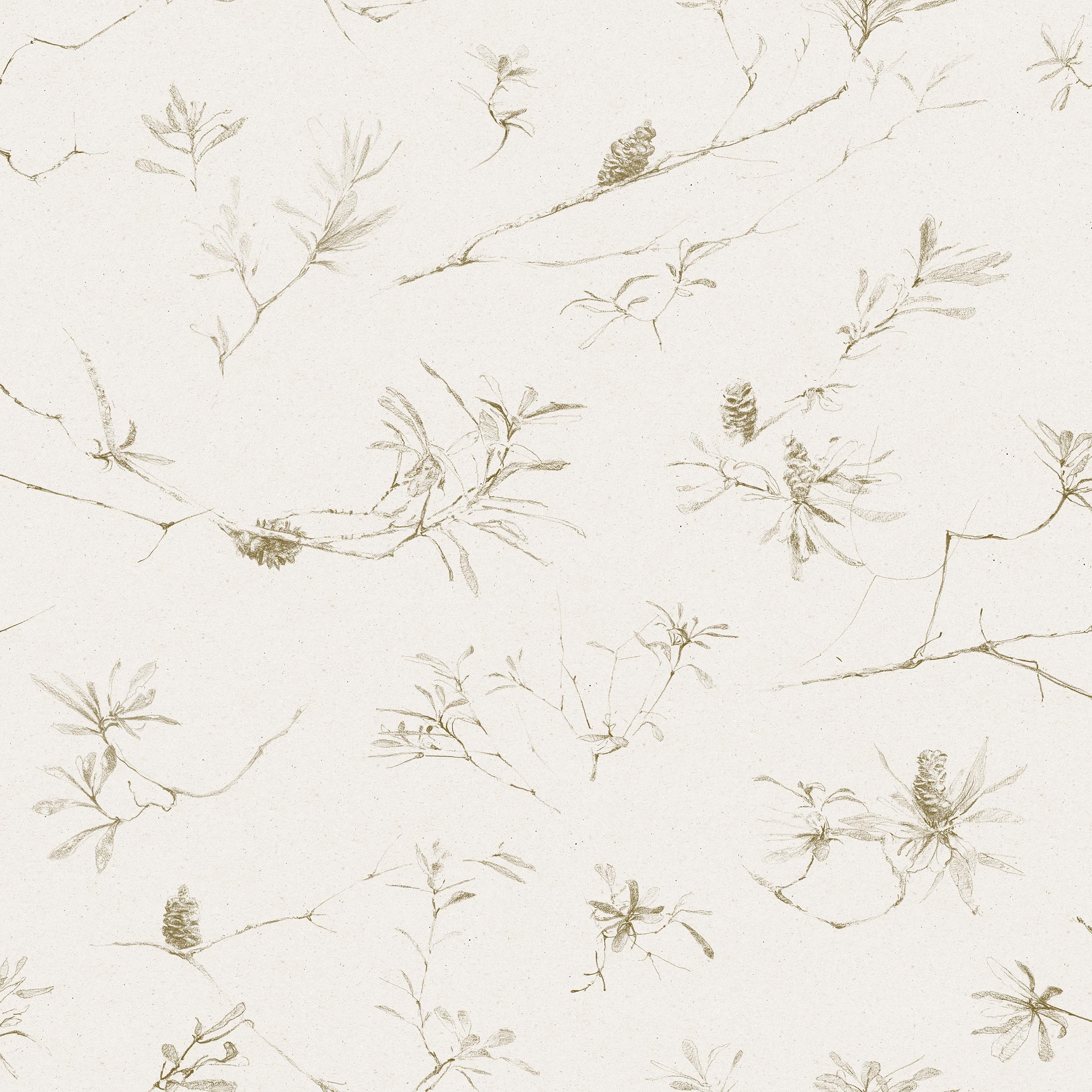 Detail of wallpaper in a painterly pine cone and branch print in green on a cream field.