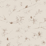 Detail of wallpaper in a painterly pine cone and branch print in brown on a cream field.