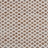 Handwoven rug with small scale diamond lattice in cream on a tan and brown field. 