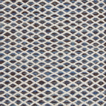 Handwoven rug with small scale diamond lattice in cream on a blue and brown field. 