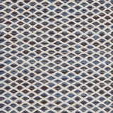 Handwoven rug with small scale diamond lattice in cream on a blue and brown field. 