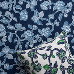 Styled flat-lay with throw pillow in a flower and branch pattern in blue and green on white against matching wallpaper in shades of blue. 
