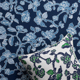 Styled flat-lay with throw pillow in a flower and branch pattern in blue and green on white against matching wallpaper in shades of blue. 