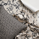 A styled flat-lay image with a throw pillow in a small scale black and white lattice design layered over a hand drawn branch and flower fabric and wallpaper in black, white and beige. 