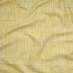 Close up of gently draped woven Indoor-Outdoor fabric with thin hand drawn stripe grid in ivory on yellow.