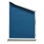 Roll of wallpaper with dashed striped grid in tonal dark blue.