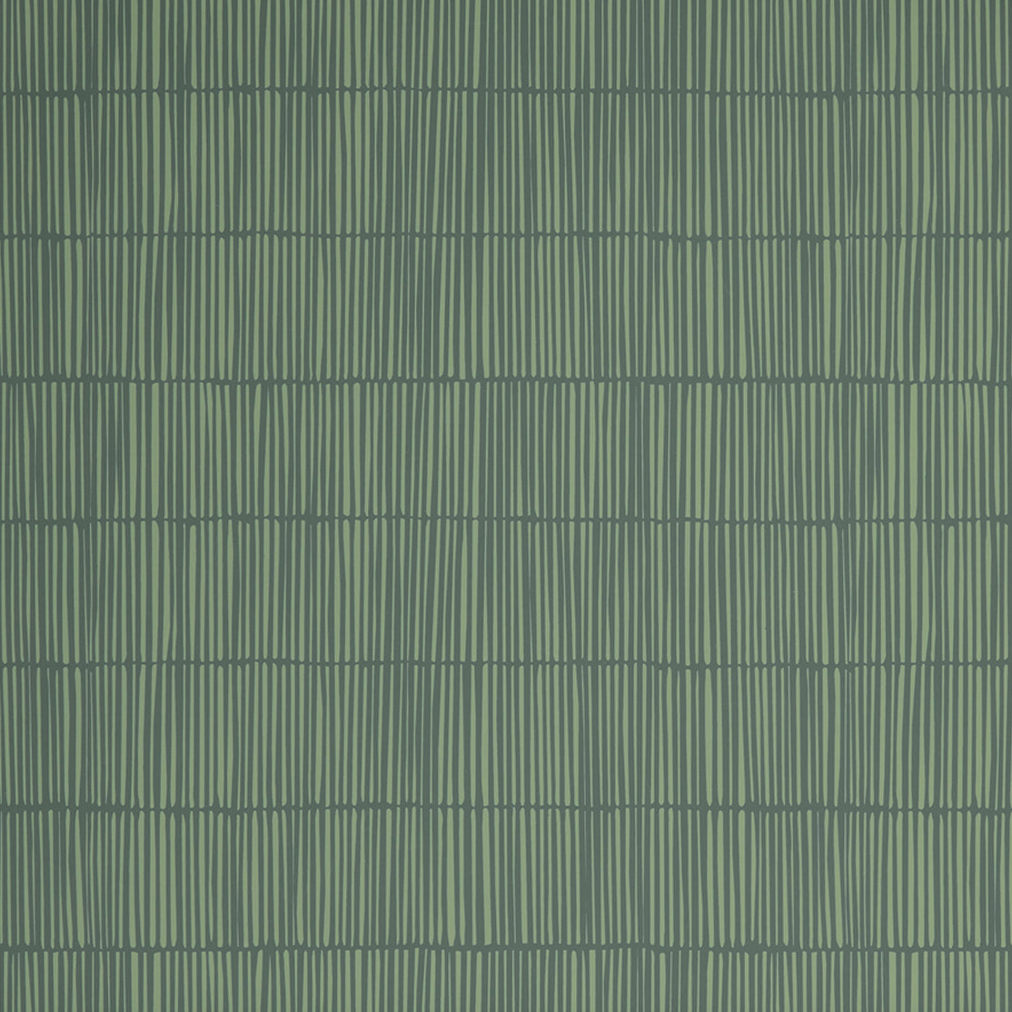 Close up of wallpaper with dashed striped grid in tonal green.