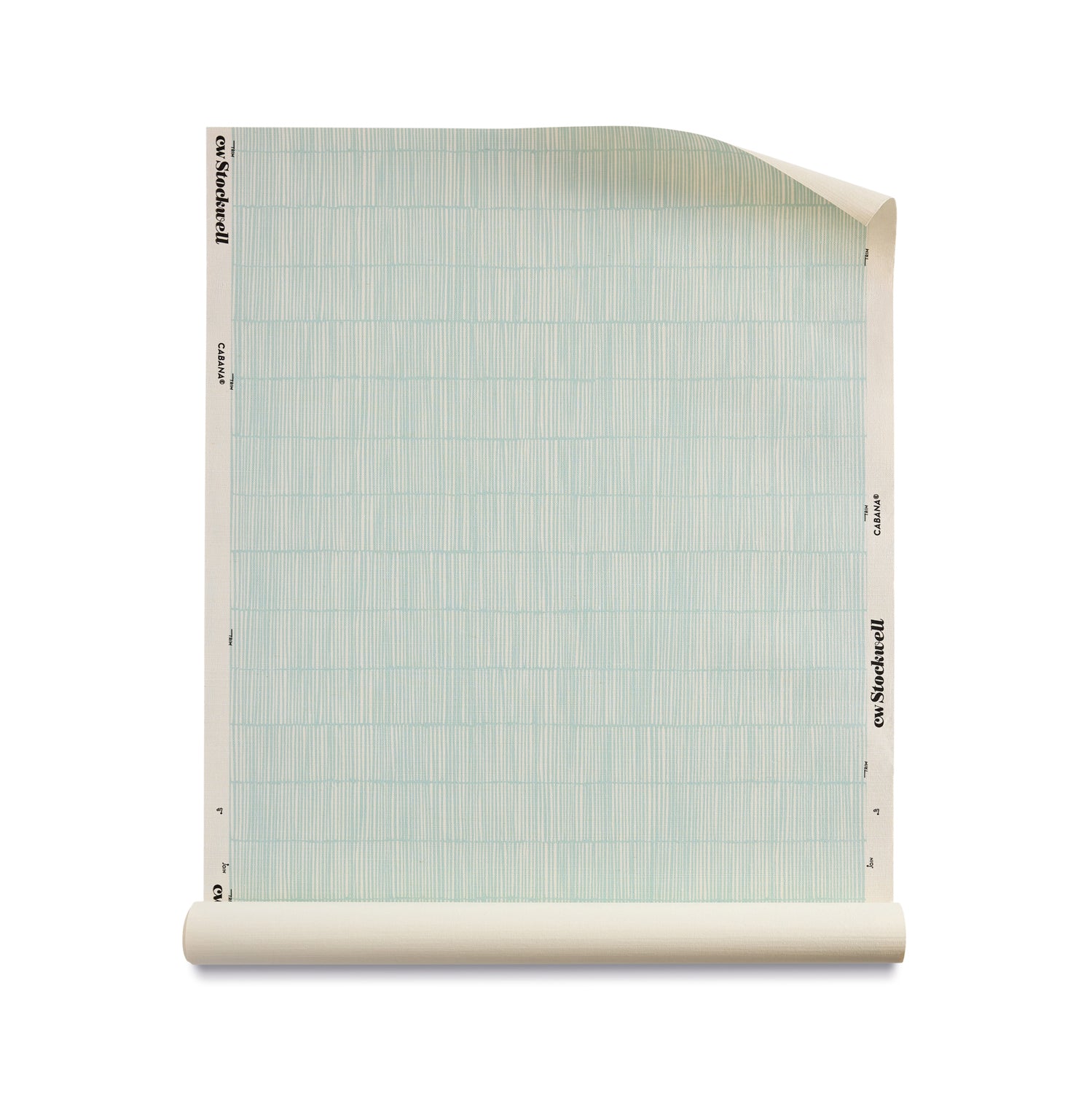 Roll of grasscloth with dashed striped grid in cream on sea foam blue. 