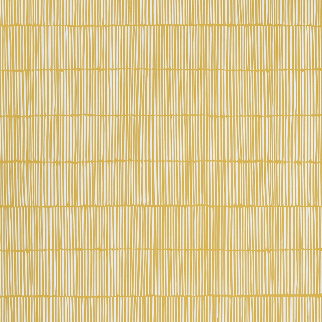 Close up of wallpaper with dashed striped grid in white on yellow.