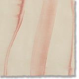 Detail of a handmade wallpaper swatch with an irregular combed stripe pattern in pink on a tan field.