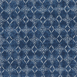 Detail of fabric in a botanical lattice print in gray on a mottled navy field.