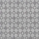 Detail of fabric in a botanical lattice print in charcoal on a mottled gray field.