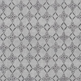 Detail of fabric in a botanical lattice print in charcoal on a mottled gray field.