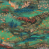 Detail of wallpaper in a painterly floral print in shades of green, blue and pink.