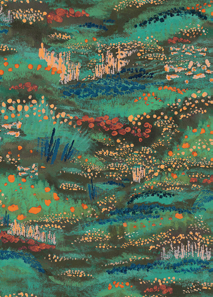 Detail of wallpaper in a painterly floral print in shades of green, blue and pink.