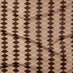 Close up of gently draped printed linen with linear stacked diamond stripe in shades of brown.