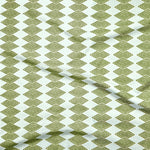 Close up of gently draped printed linen with linear stacked diamond stripe in green on light blue. 