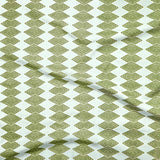 Close up of gently draped printed linen with linear stacked diamond stripe in green on light blue. 