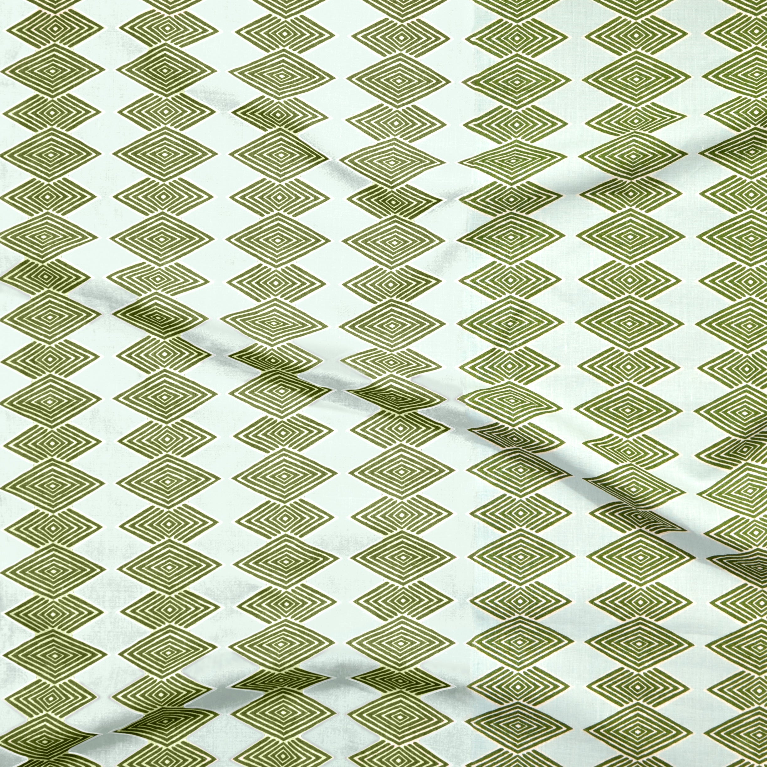 Close up of gently draped printed linen with linear stacked diamond stripe in green on light blue. 