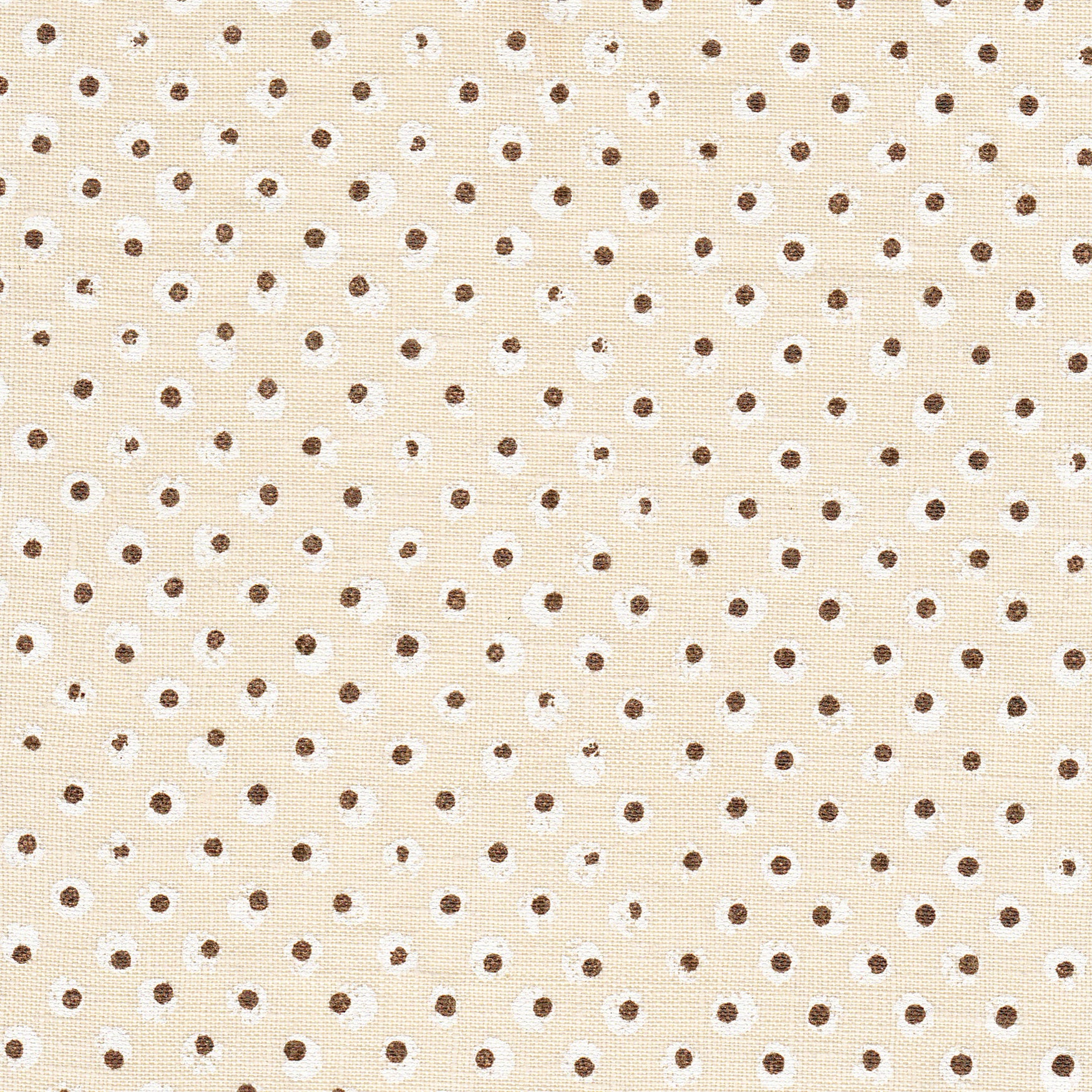 Detail of fabric in a painterly dot print in white and brown on a cream field.