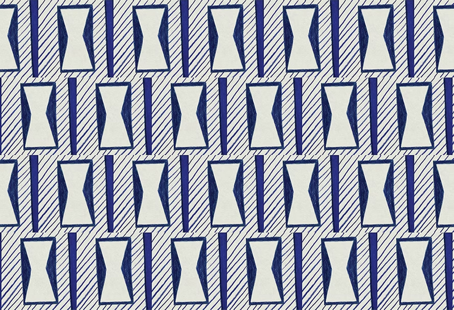 A close-up of a patterned wallpaper featuring a repeating geometric design of white hourglass-like shapes outlined in blue, set against a light gray background with diagonal blue stripes.