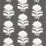 Detail of fabric in a repeating thistle print in white and gray on a charcoal field.