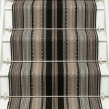 Striped flatweave runner in black white and grey on white staircase