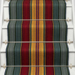 Striped flatweave runner in red yellow green and blue on white staircase