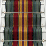 Striped flatweave runner in red yellow green and blue on white staircase