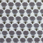 Pattern of purple flowers with green stems on a white background