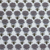 Pattern of purple flowers with green stems on a white background