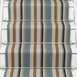 Striped flatweave runner in blue tan cream and black on white staircase