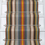 Striped flatweave runner in sage yellow red and blue on white staircase
