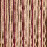 Detail of a hand-woven cotton fabric in an intricate gridded stripe pattern in shades of red, brown, yellow and cream.