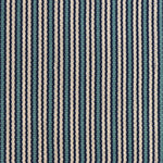 Detail of a hand-woven cotton fabric in a stripe pattern in shades of teal, navy and cream.