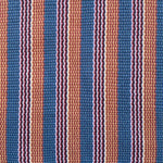 Detail of a hand-woven cotton fabric in a stripe pattern in shades of blue, pink, yellow and teal.