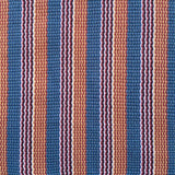 Detail of a hand-woven cotton fabric in a stripe pattern in shades of blue, pink, yellow and teal.
