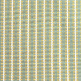 Detail of a hand-woven cotton fabric in an intricate gridded stripe pattern in shades of white, yellow and sage.