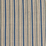 Detail of a hand-woven cotton fabric in an intricate gridded stripe pattern in shades of blue, brown, yellow and white.