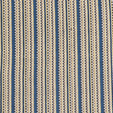 Detail of a hand-woven cotton fabric in an intricate gridded stripe pattern in shades of blue, brown, yellow and white.