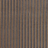 Detail of a hand-woven cotton fabric in an intricate grid pattern in shades of brown, navy and cream.