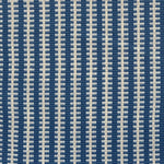 Detail of a hand-woven cotton fabric in an intricate gridded stripe pattern in shades of cream, blue and navy.