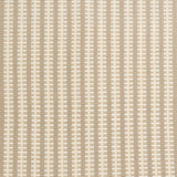 Detail of a hand-woven cotton fabric in an intricate gridded stripe pattern in shades of cream, tan and white.