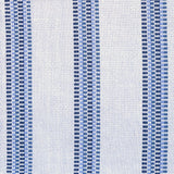 Detail of a hand-woven cotton fabric in an irregular stripe pattern in navy and blue on a white field.