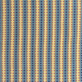 Detail of a hand-woven cotton fabric in an intricate stripe pattern in shades of blue, navy, tan and yellow.